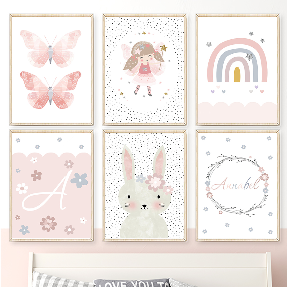 Home Cinema Wall Art - Cute Girl Rabbit Flower Butterfly Rainbow